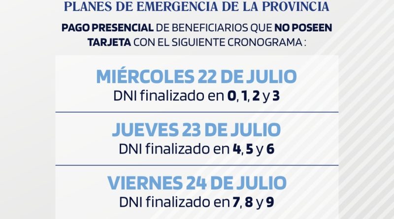 BENEFICIARIOS DE PLANES DE EMERGENCIA PROVINCIAL PERCIBIRÁN LA ÚLTIMA CUOTA DEL BONO Y EL PAGO DE JULIO